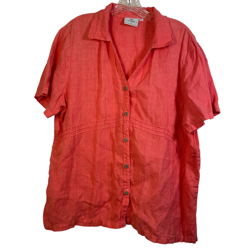 Hot Cotton by Marc Ware Coral Pink 100% Linen Short Sleeve Button Down Shirt L